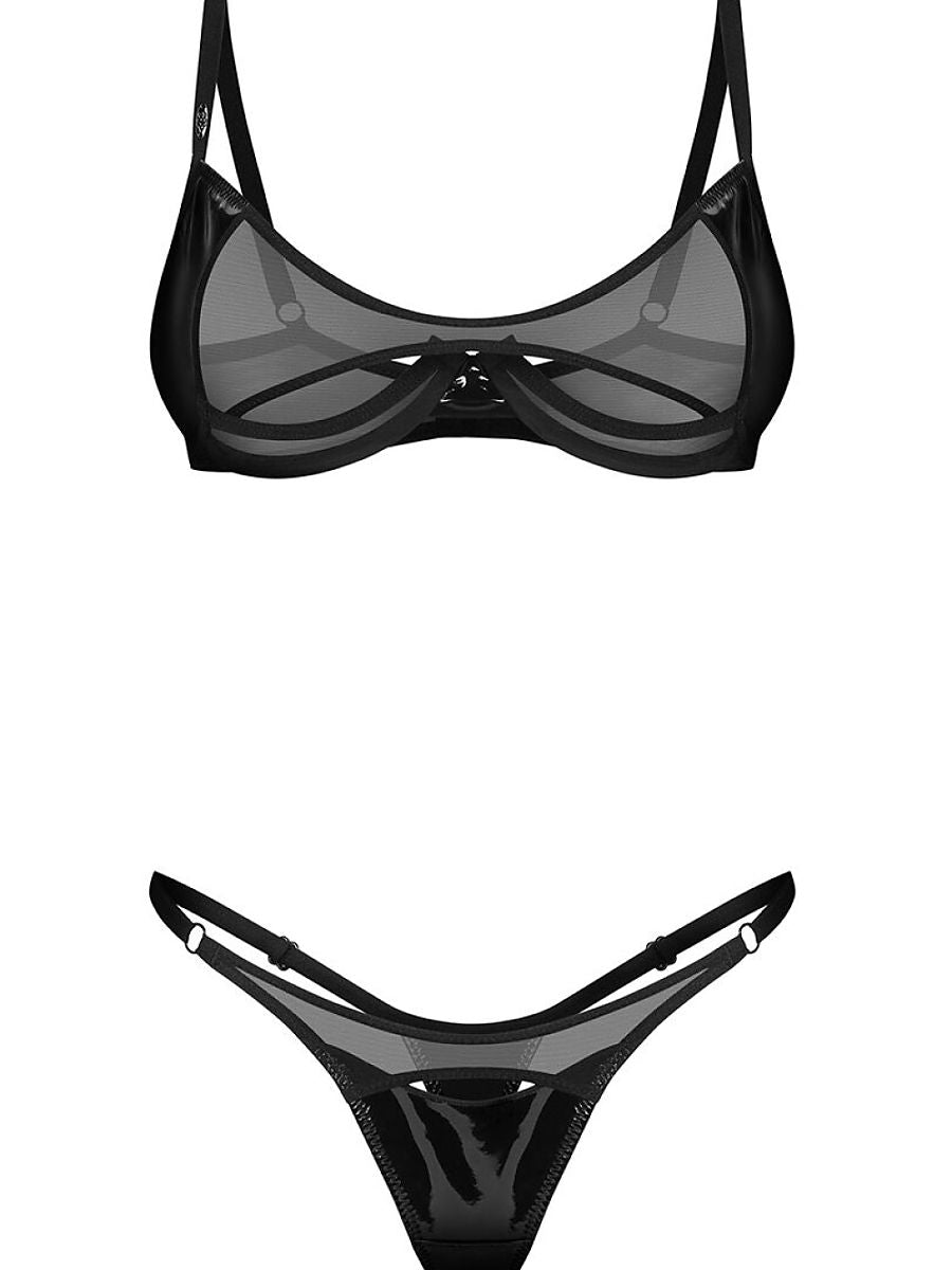 Rolleya Black Mesh & Latex-Effect Lingerie Set | Obsessive